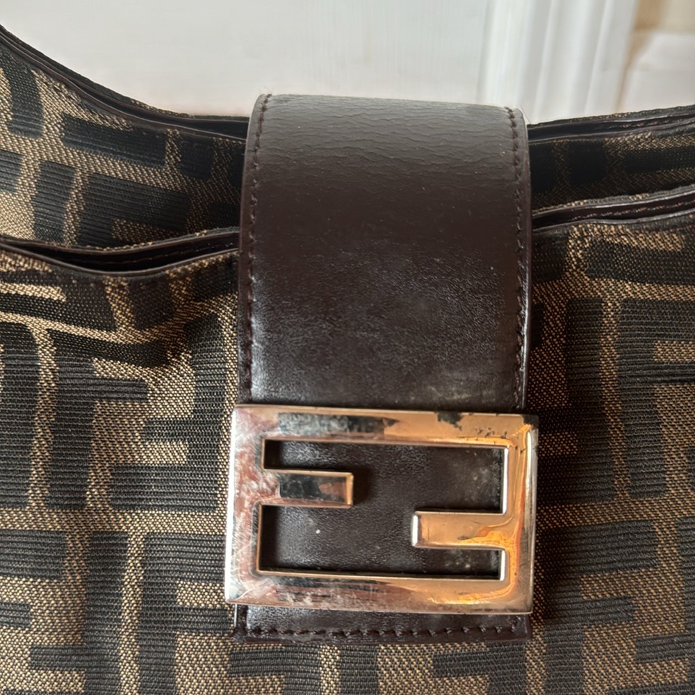 Fendi Brown Logo Canvas Shoulder Bag with Dark Brown Leather Trim - Picture 3 of 14